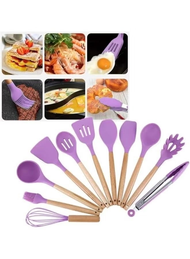 BT 12-Piece Silicone Kitchen Utensil Set with Wooden Handles & Holder, Heat-Resistant BPA-Free Cooking Tools for Non-Stick Cookware – Spatula, Spoon, Turner & Kitchen Accessories (Purple) - Image 1